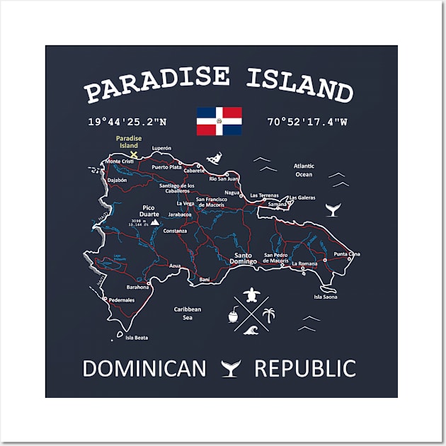 Paradise Island Dominican Republic Flag Travel Map Coordinates GPS Wall Art by French Salsa